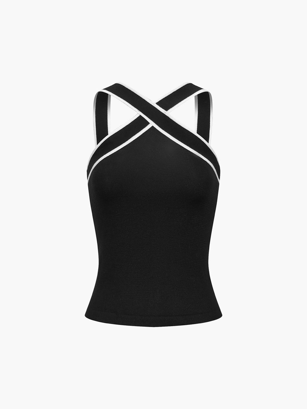 Commense Black Tank with White Piping and Cross-Back Straps